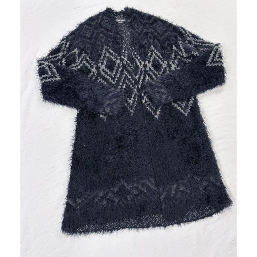 Eddie Bauer Women Fuzzy Open Front Cardigan Sweater Small Geometric